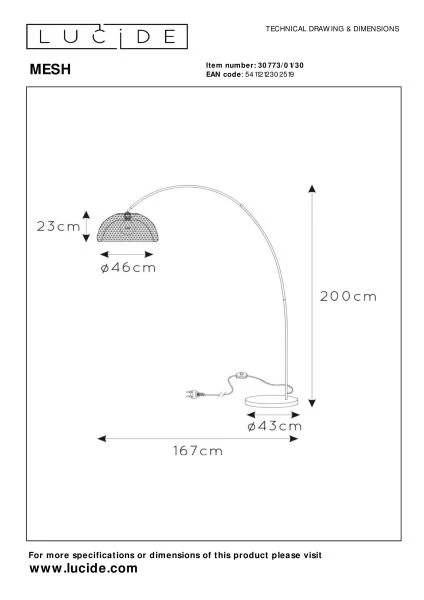 Lucide MESH - Lampadaire - 1xE27 - Noir - TECHNISCH